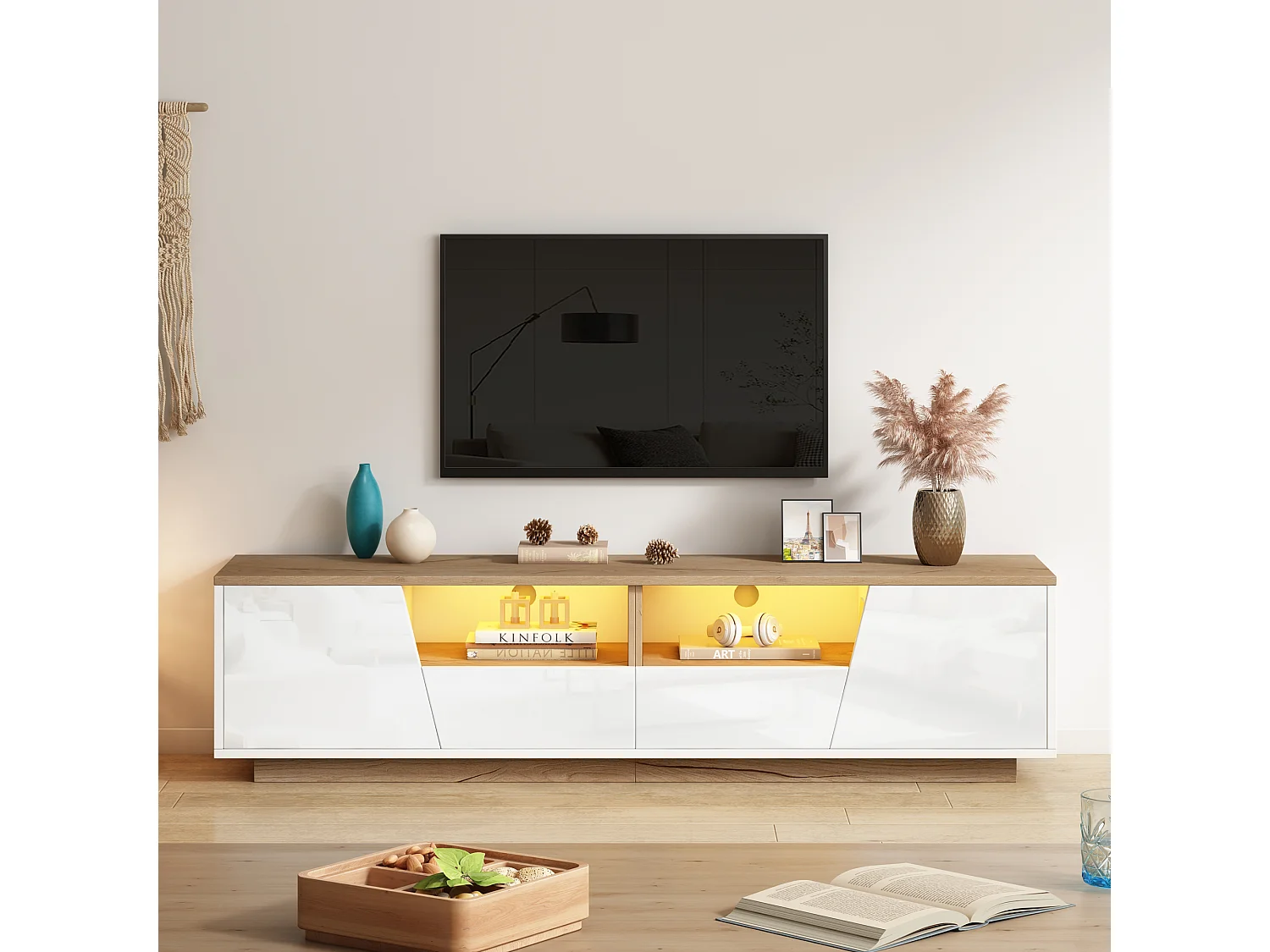 Meuble TV brillant - 180 x 40 x 46cm - avec 2 tiroirs + 2 portes meuble TV + Leds - aggloméré - blanc