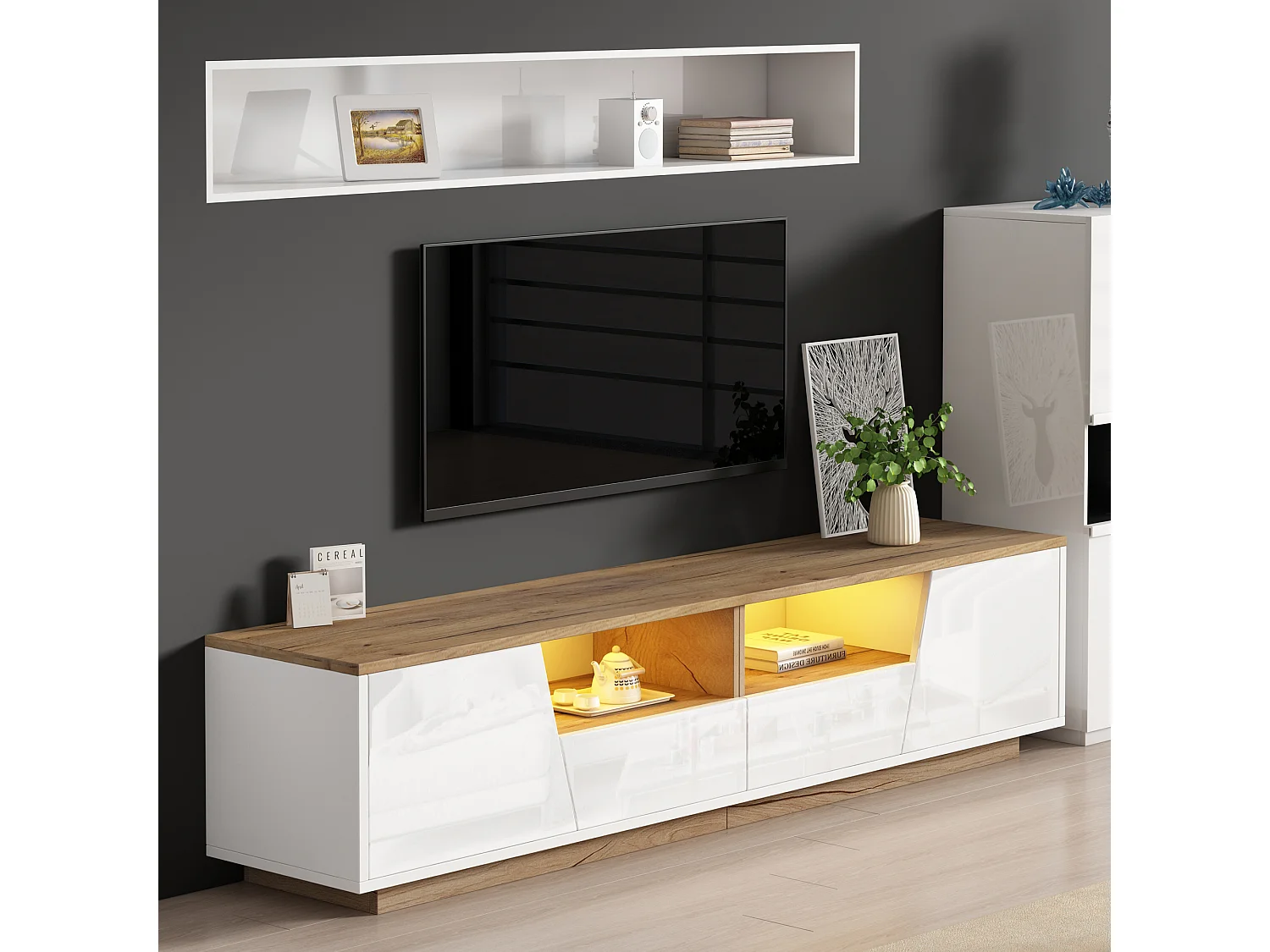 Meuble TV brillant - 180 x 40 x 46cm - avec 2 tiroirs + 2 portes meuble TV + Leds - aggloméré - blanc