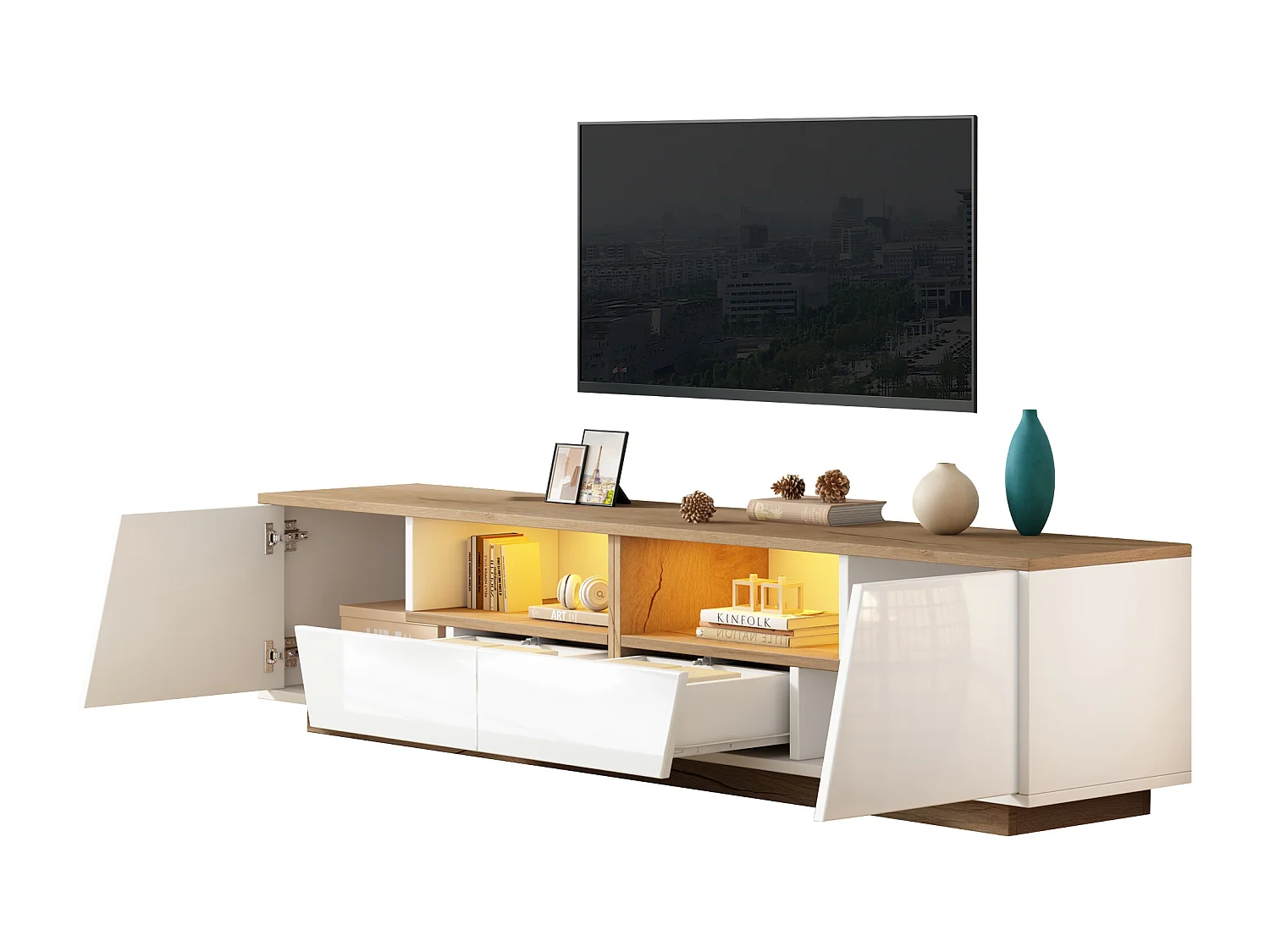 Meuble TV brillant - 180 x 40 x 46cm - avec 2 tiroirs + 2 portes meuble TV + Leds - aggloméré - blanc