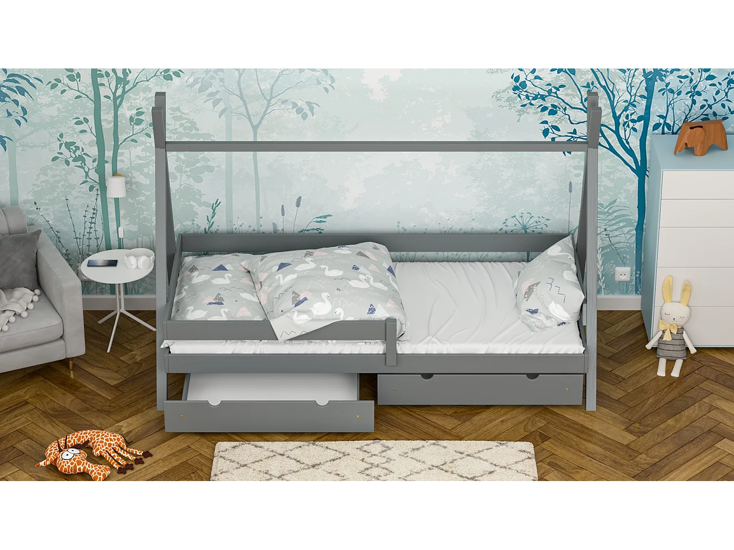 Lit simple pour enfant en pin massif 190x90 gris