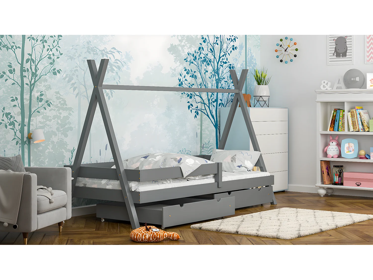 Lit simple pour enfant en pin massif 190x90 gris
