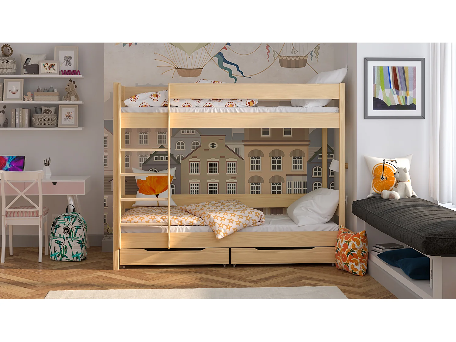 Lit superposé en pin massif 180x80 Chêne Blanchi