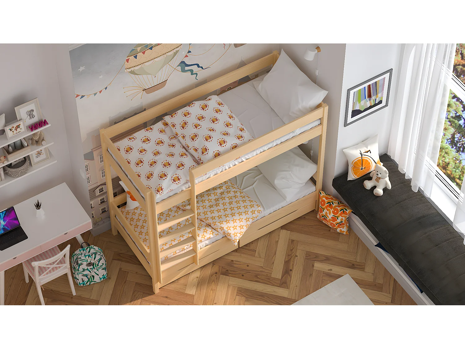 Lit superposé en pin massif 180x80 Chêne Blanchi