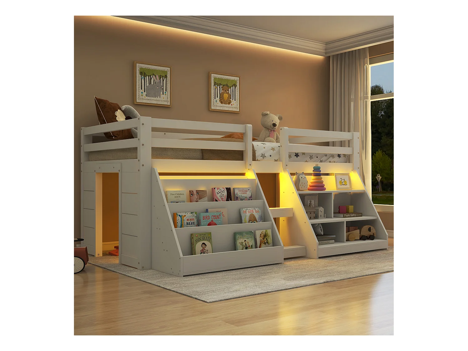 Lit mi-hauteur pour enfant - 90 x 200 cm - multiples rangements + échelle - pin - blanc