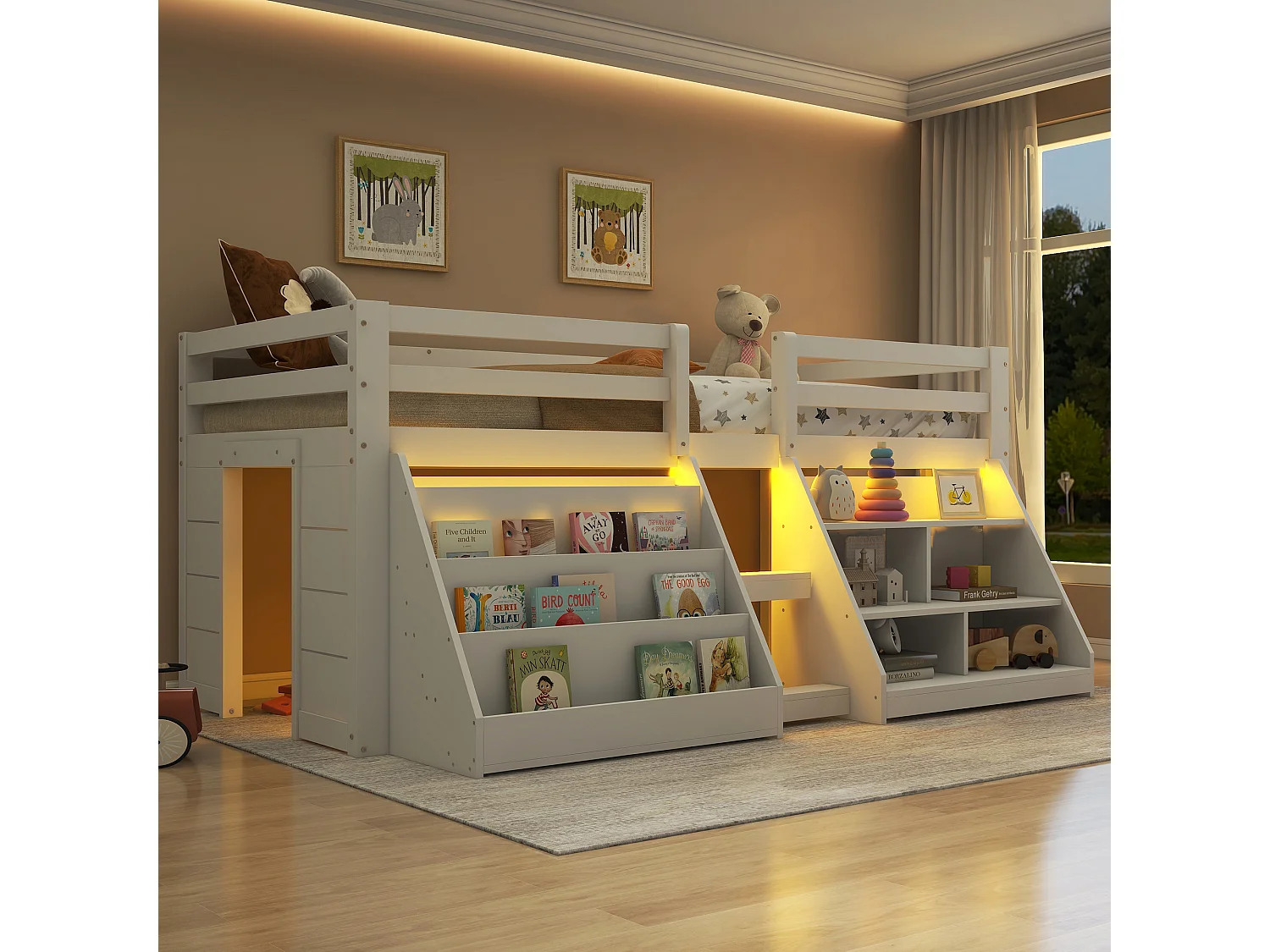 Lit mi-hauteur pour enfant - 90 x 200 cm - multiples rangements + échelle - pin - blanc