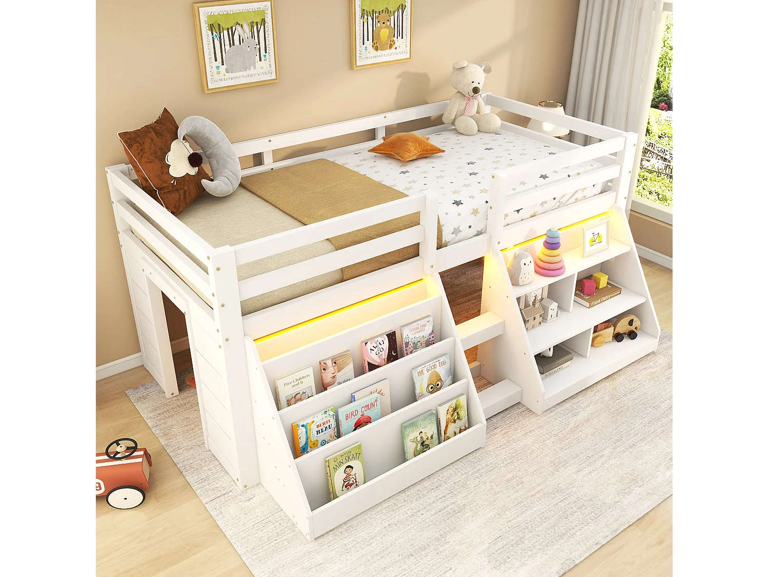 Lit mi-hauteur pour enfant - 90 x 200 cm - multiples rangements + échelle - pin - blanc