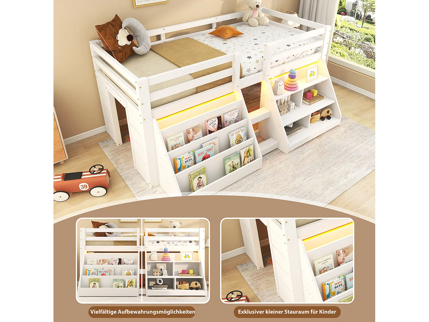 Lit mi-hauteur pour enfant - 90 x 200 cm - multiples rangements + échelle - pin - blanc