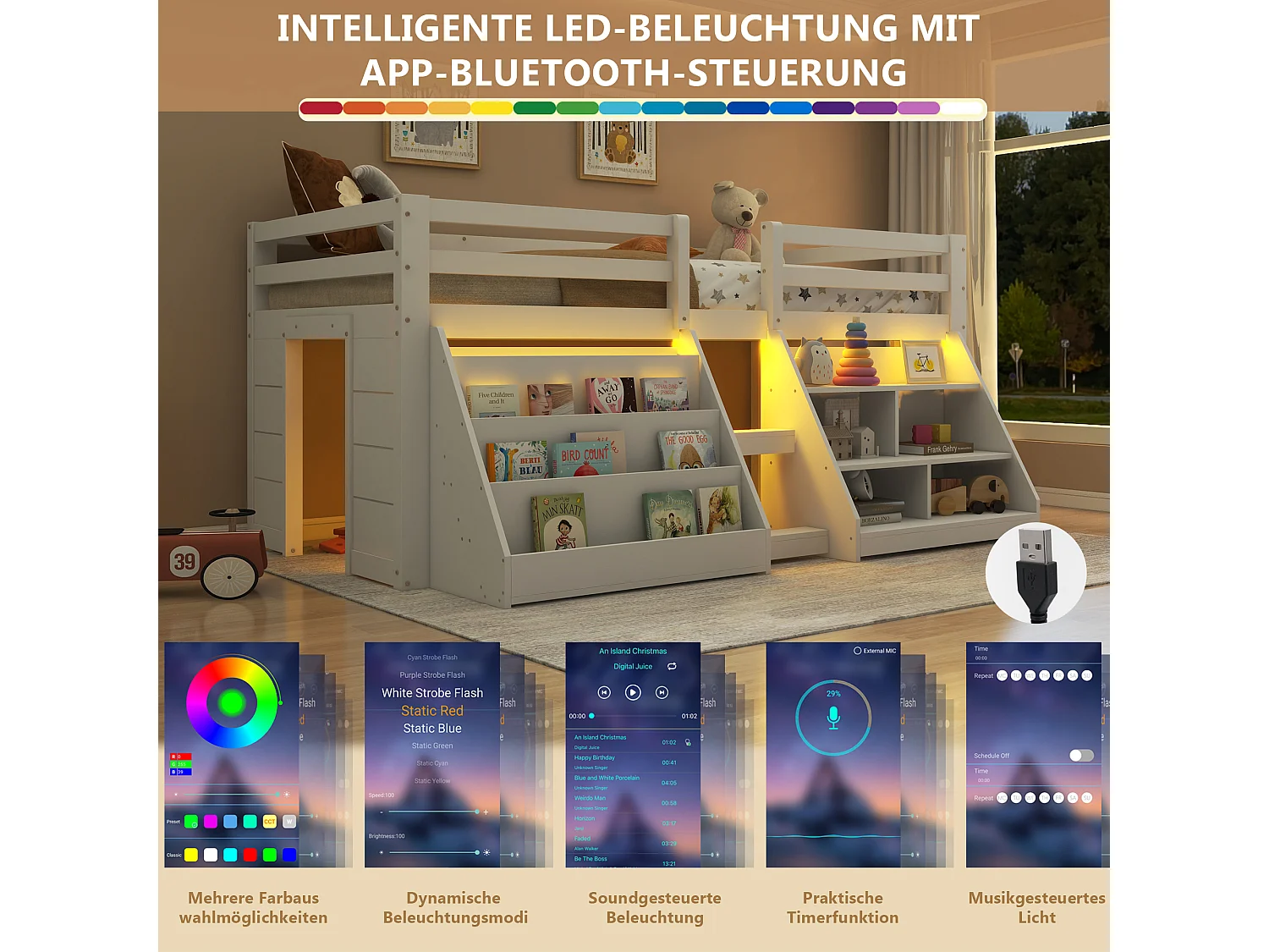 Lit mi-hauteur pour enfant - 90 x 200 cm - multiples rangements + échelle - pin - blanc