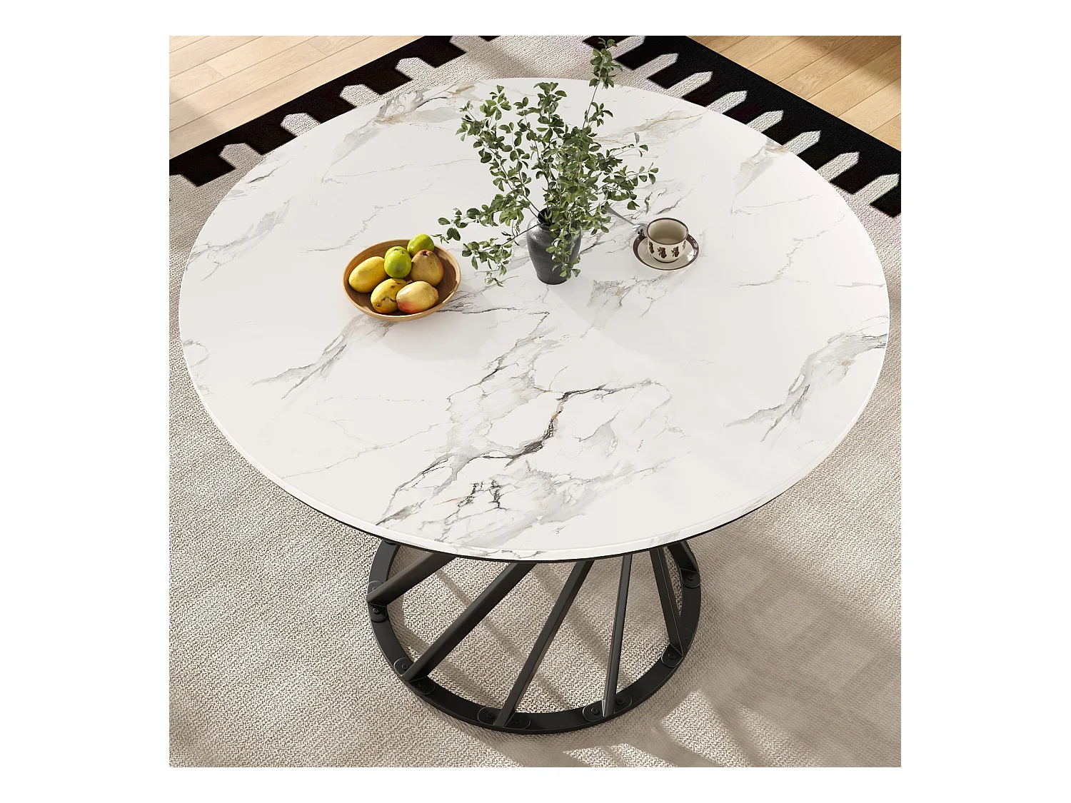 Mesa redonda para cocina o salón, 4 personas, 80×80 cm, tablero de MDF jaspeado, patas modernas negras