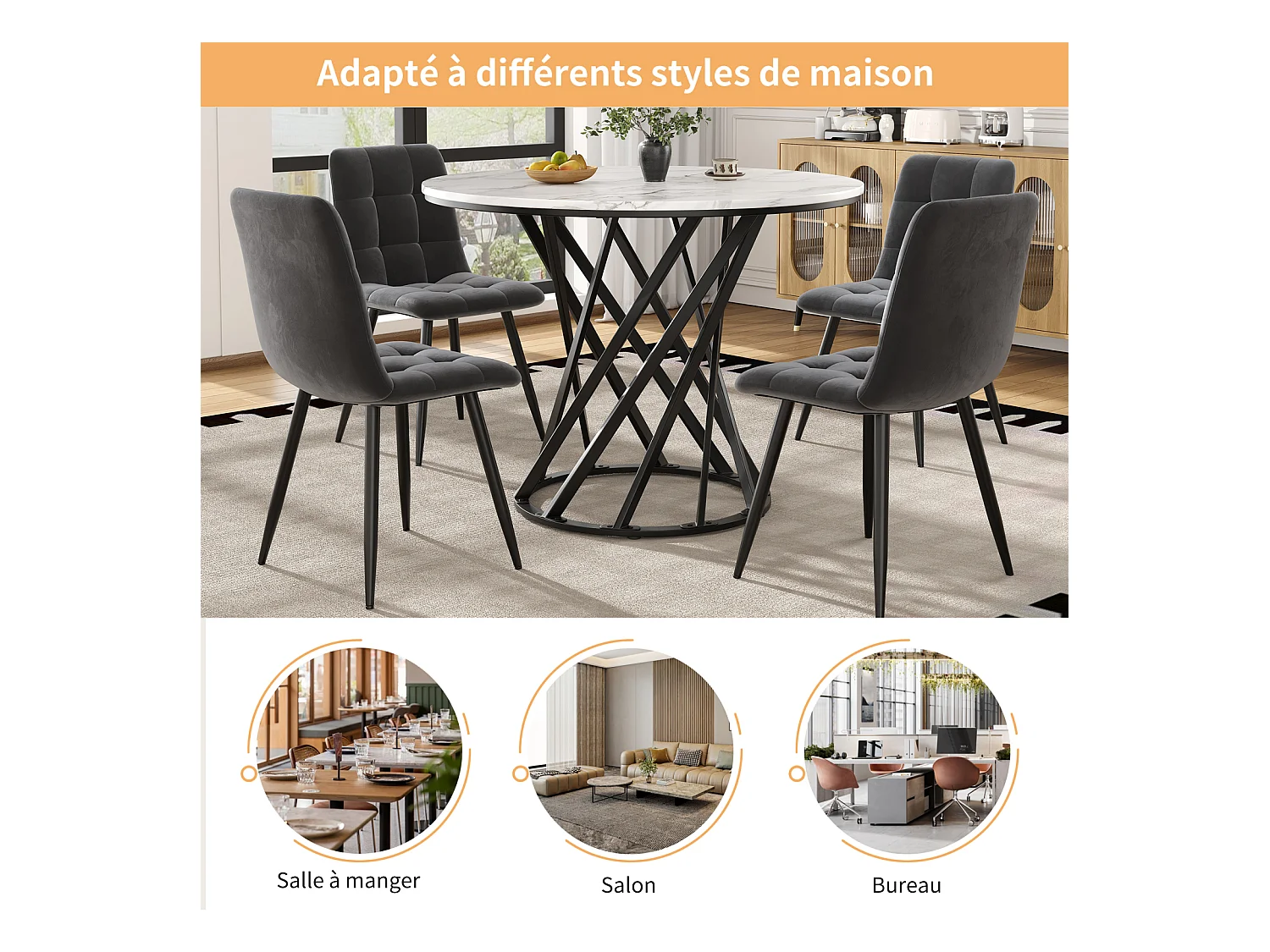 Mesa redonda para cocina o salón, 4 personas, 80×80 cm, tablero de MDF jaspeado, patas modernas negras