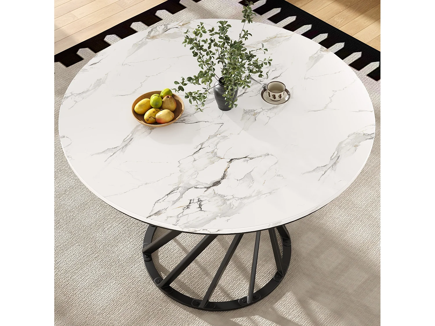 Table ronde cuisine ou salon, 4 personnes, 80×80 cm, plateau MDF marbré, pieds noirs modernes