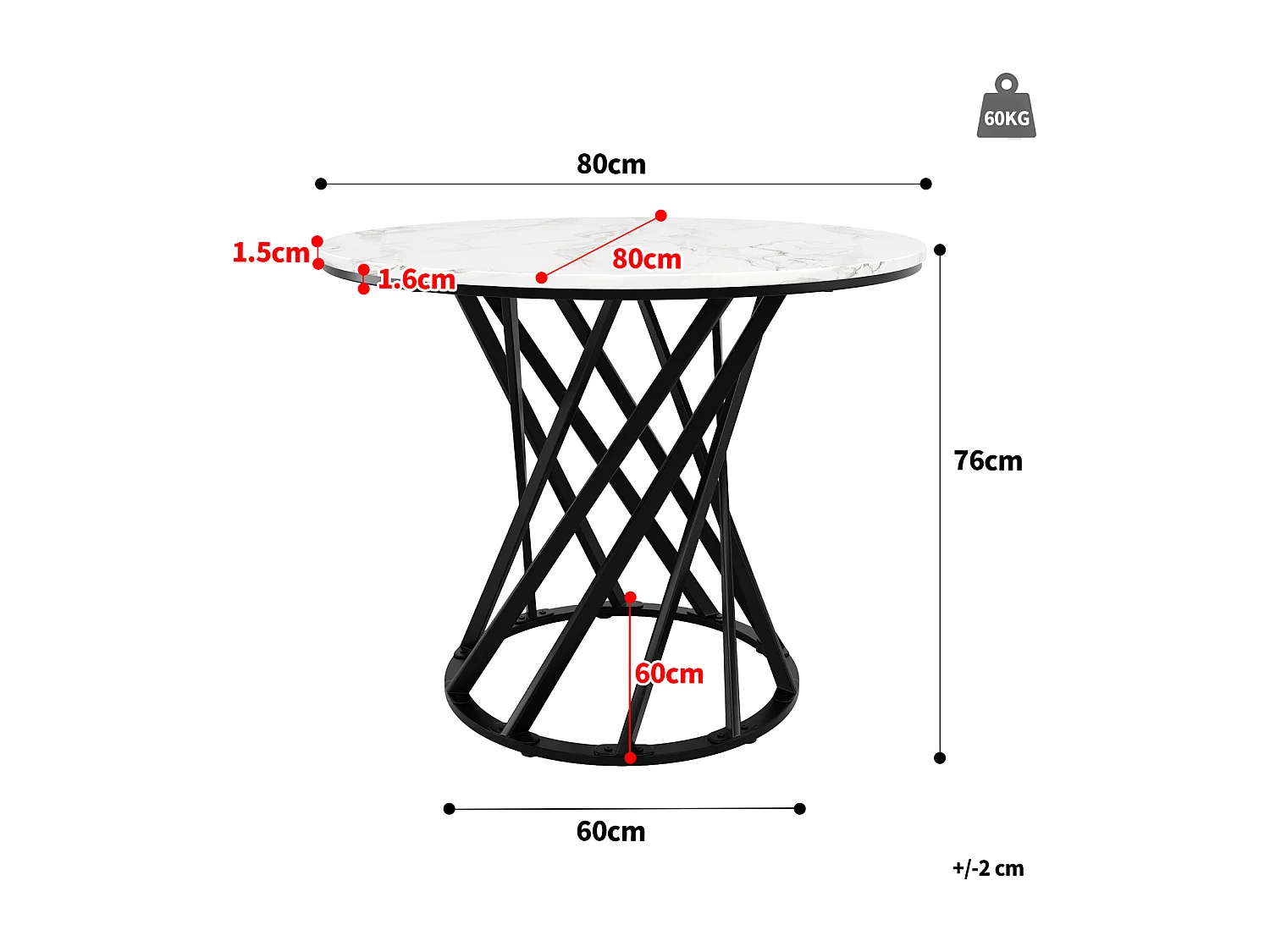 Table ronde cuisine ou salon, 4 personnes, 80×80 cm, plateau MDF marbré, pieds noirs modernes