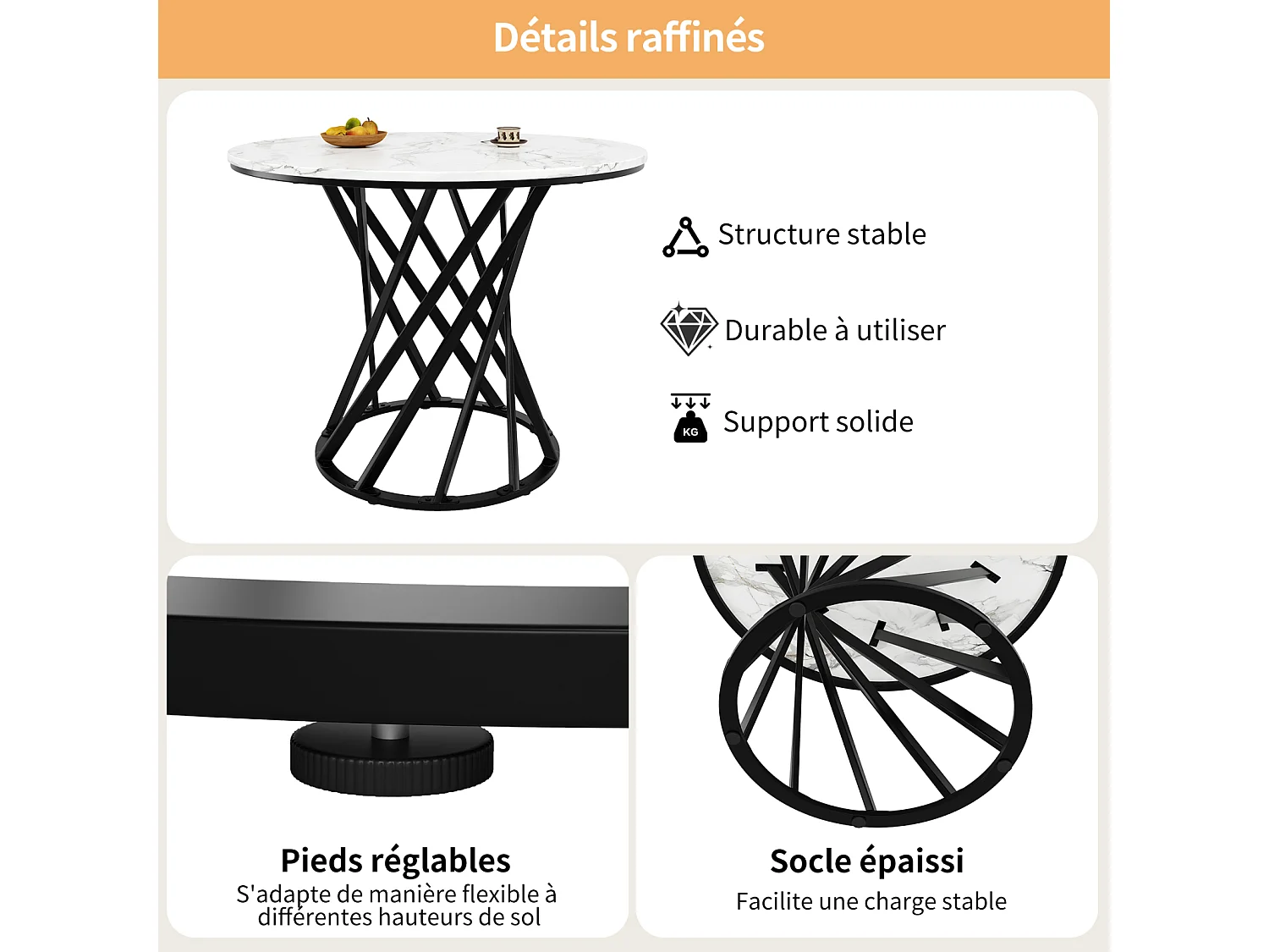 Table ronde cuisine ou salon, 4 personnes, 80×80 cm, plateau MDF marbré, pieds noirs modernes