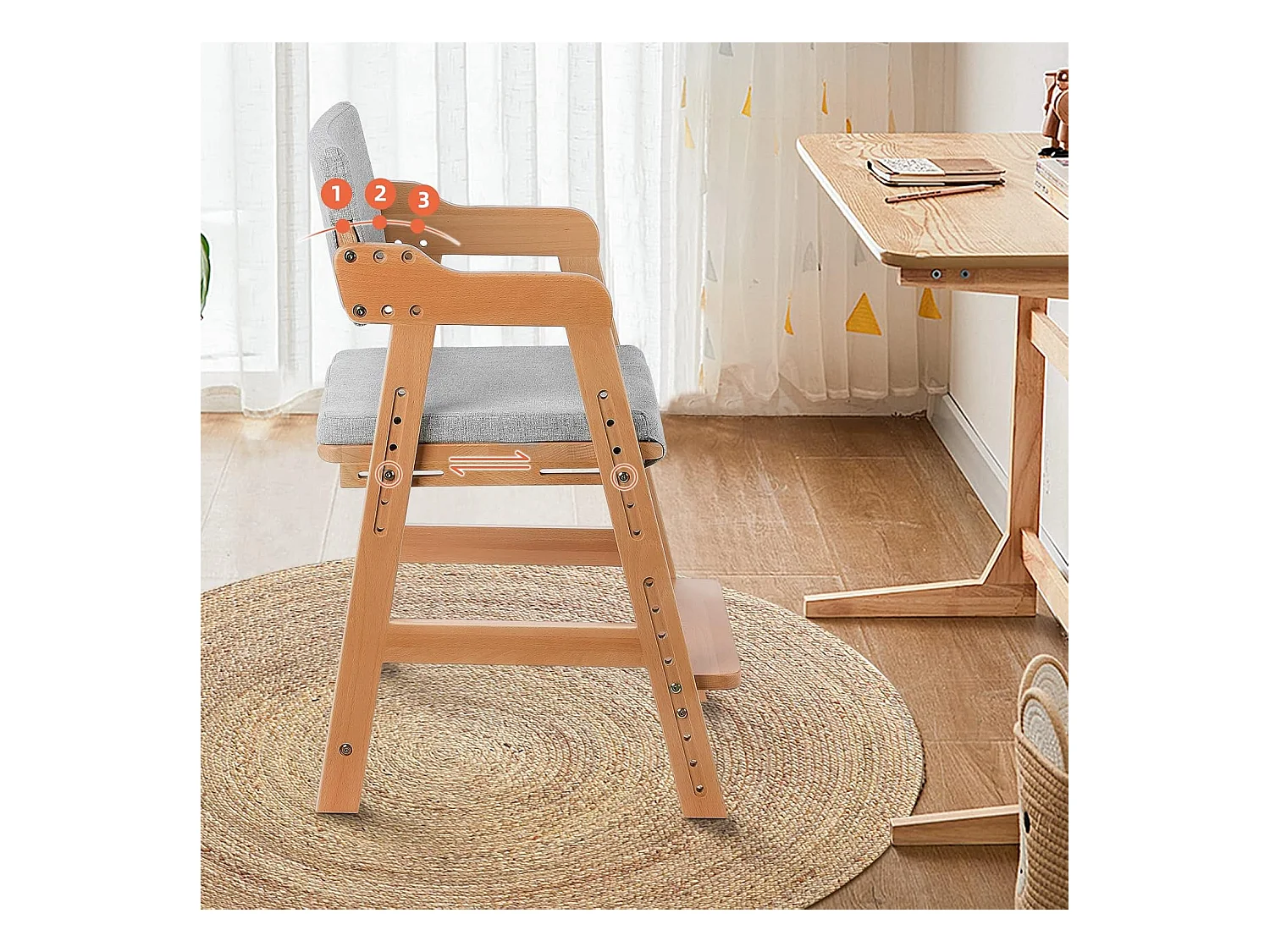 Chaise Haute en Bois, 6 Hauteurs Réglables Stable Chaise Supporte 90KG pour Bébés, Enfants et Adultes bois de hêtre (Couleur du Bois)