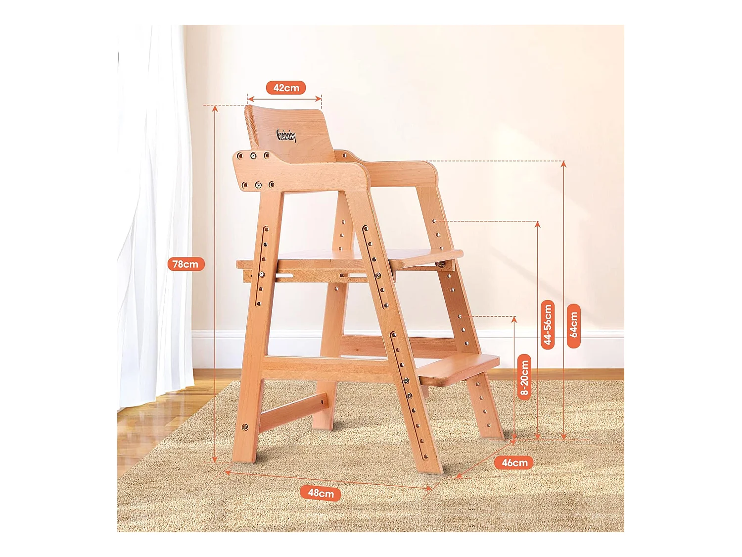 Chaise Haute en Bois, 6 Hauteurs Réglables Stable Chaise Supporte 90KG pour Bébés, Enfants et Adultes bois de hêtre (Couleur du Bois)