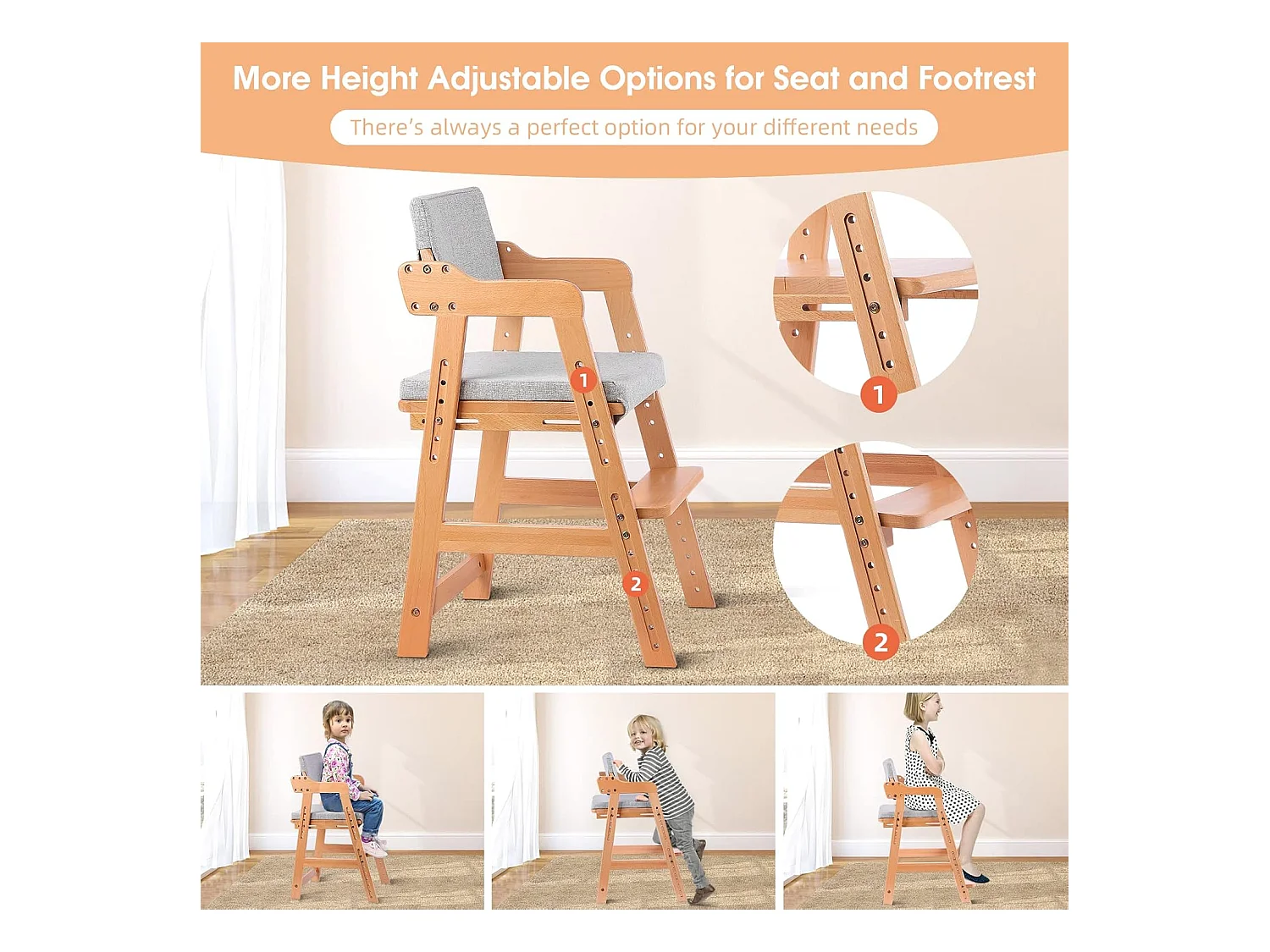 Chaise Haute en Bois, 6 Hauteurs Réglables Stable Chaise Supporte 90KG pour Bébés, Enfants et Adultes bois de hêtre (Couleur du Bois)