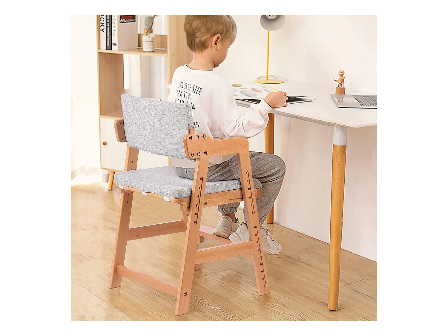 Chaise Haute en Bois, 6 Hauteurs Réglables Stable Chaise Supporte 90KG pour Bébés, Enfants et Adultes bois de hêtre (Couleur du Bois)