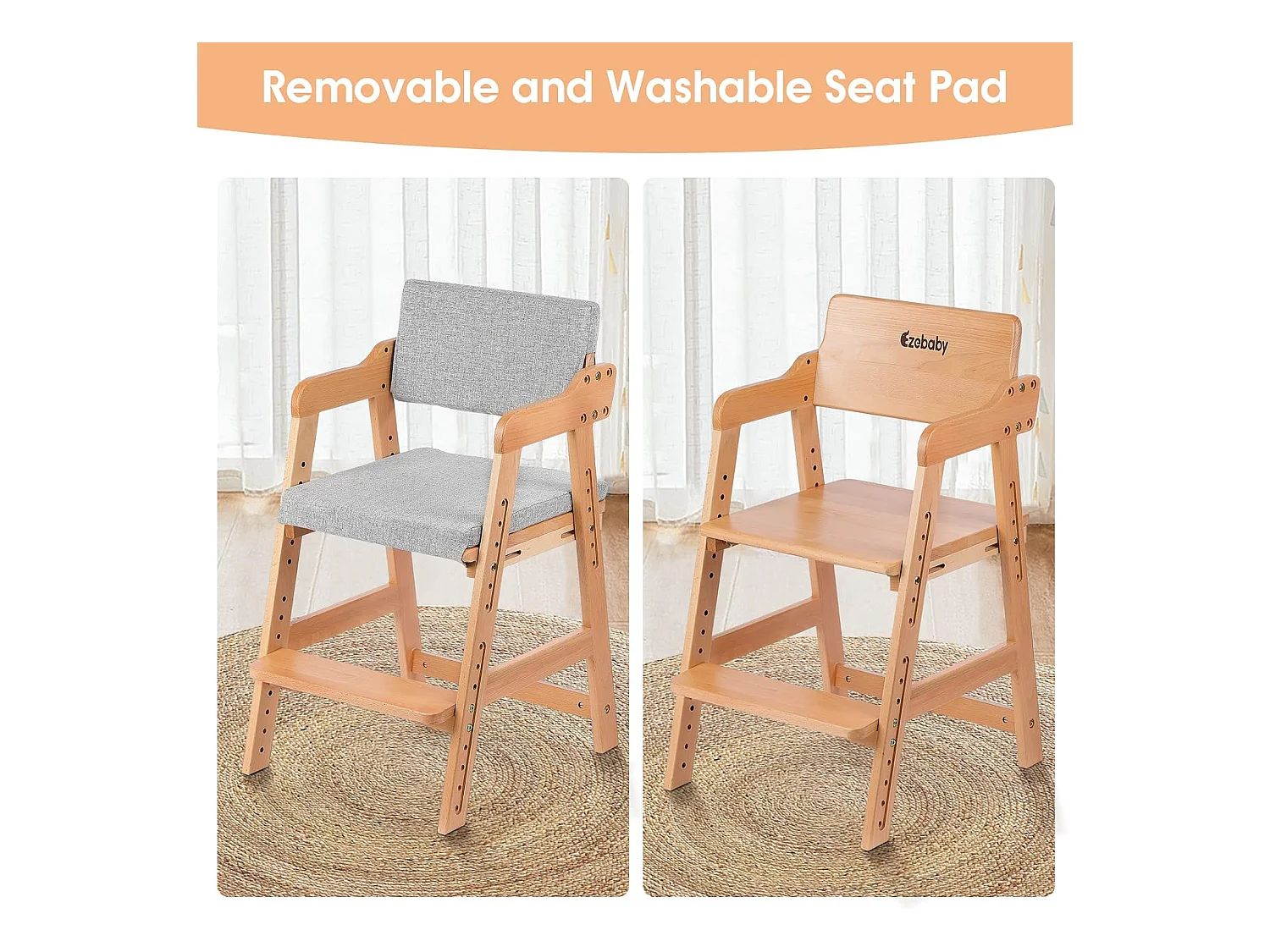 Chaise Haute en Bois, 6 Hauteurs Réglables Stable Chaise Supporte 90KG pour Bébés, Enfants et Adultes bois de hêtre (Couleur du Bois)