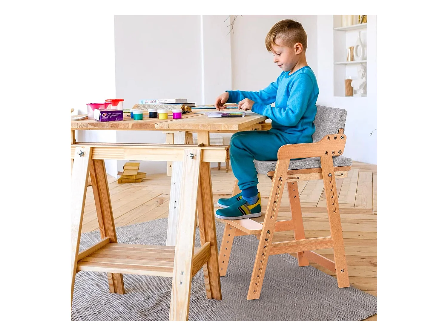 Chaise Haute en Bois, 6 Hauteurs Réglables Stable Chaise Supporte 90KG pour Bébés, Enfants et Adultes bois de hêtre (Couleur du Bois)