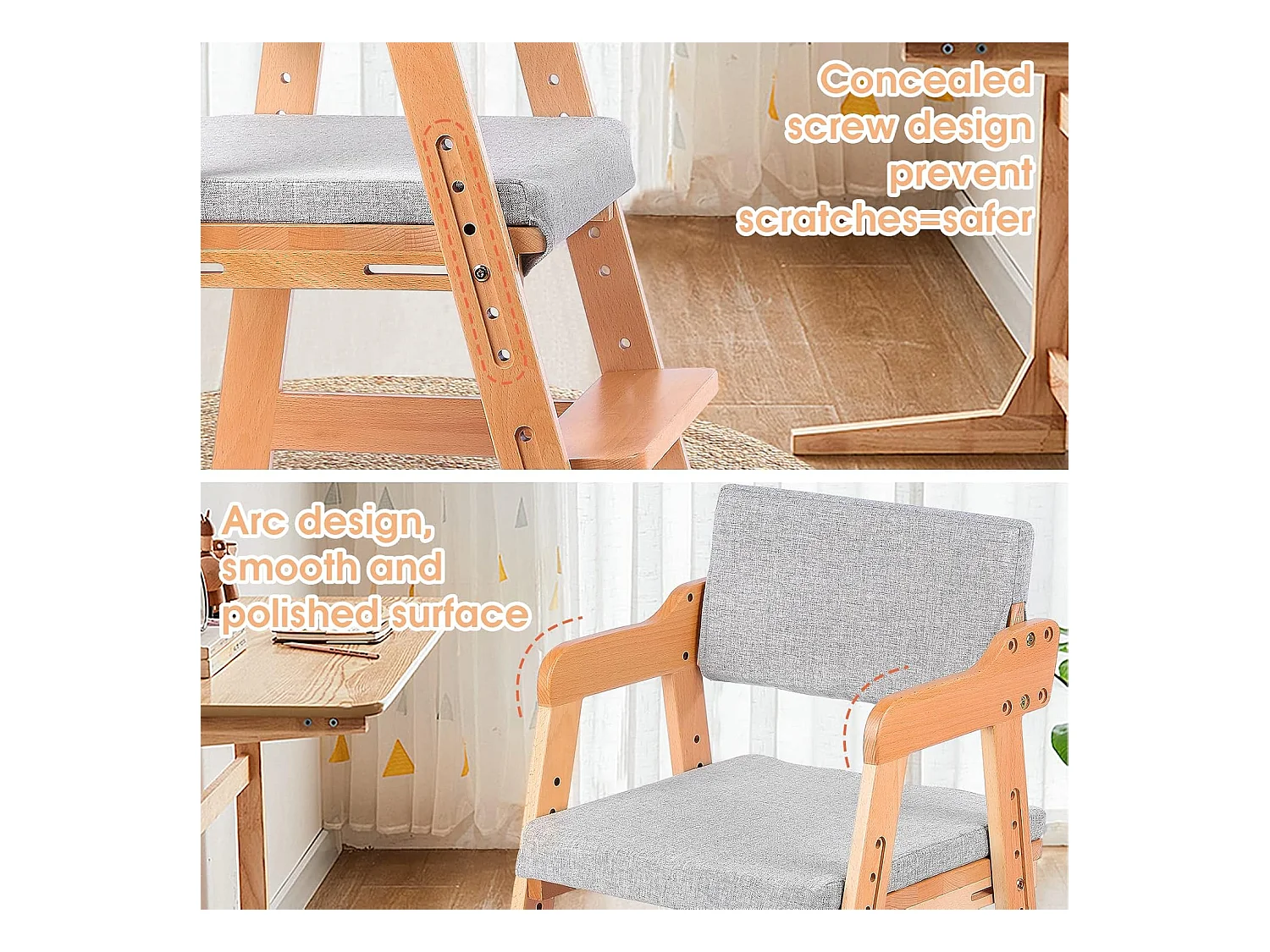 Chaise Haute en Bois, 6 Hauteurs Réglables Stable Chaise Supporte 90KG pour Bébés, Enfants et Adultes bois de hêtre (Couleur du Bois)