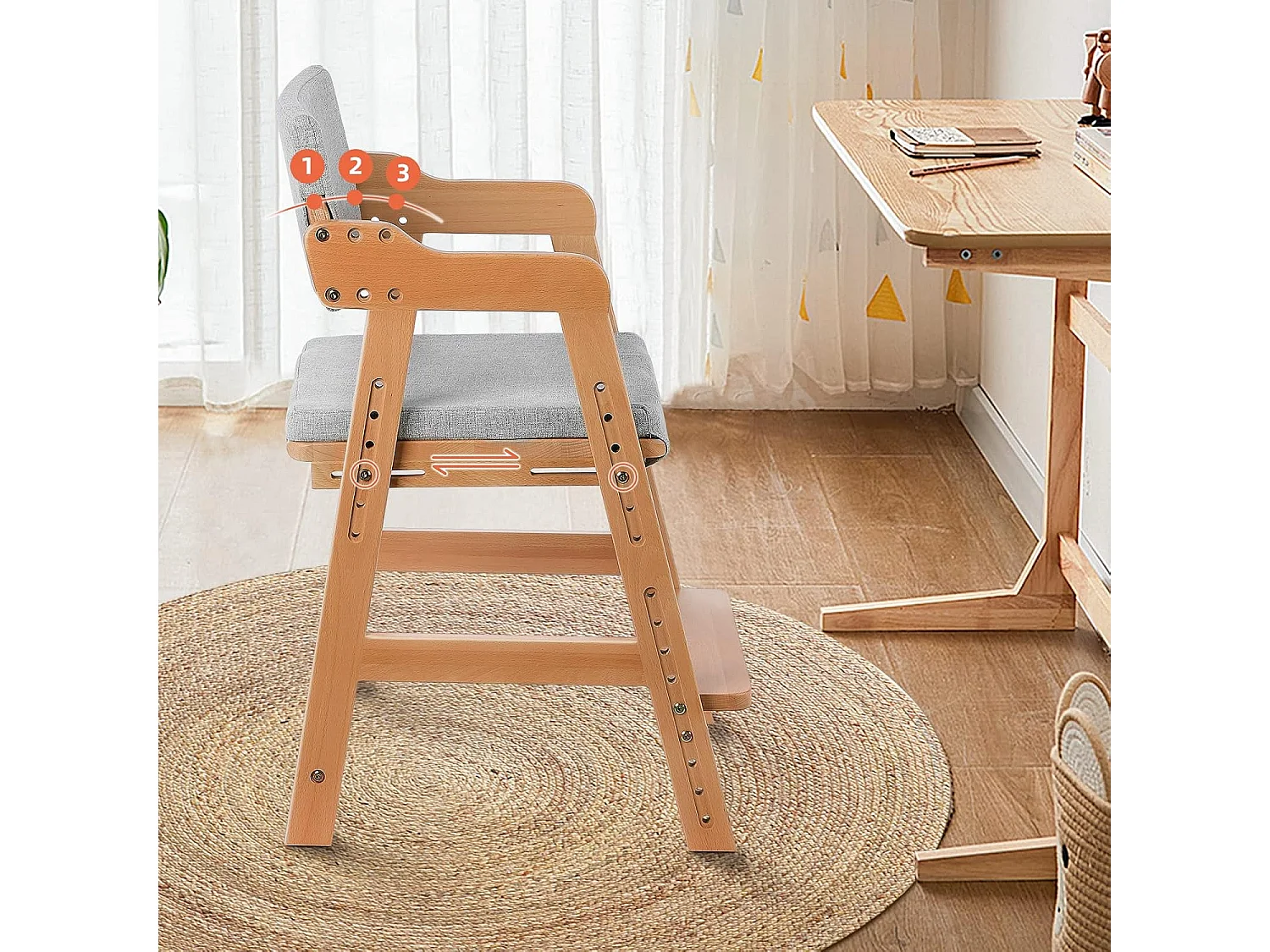 Chaise Haute en Bois, 6 Hauteurs Réglables Stable Chaise Supporte 90KG pour Bébés, Enfants et Adultes bois de hêtre (Couleur du Bois)