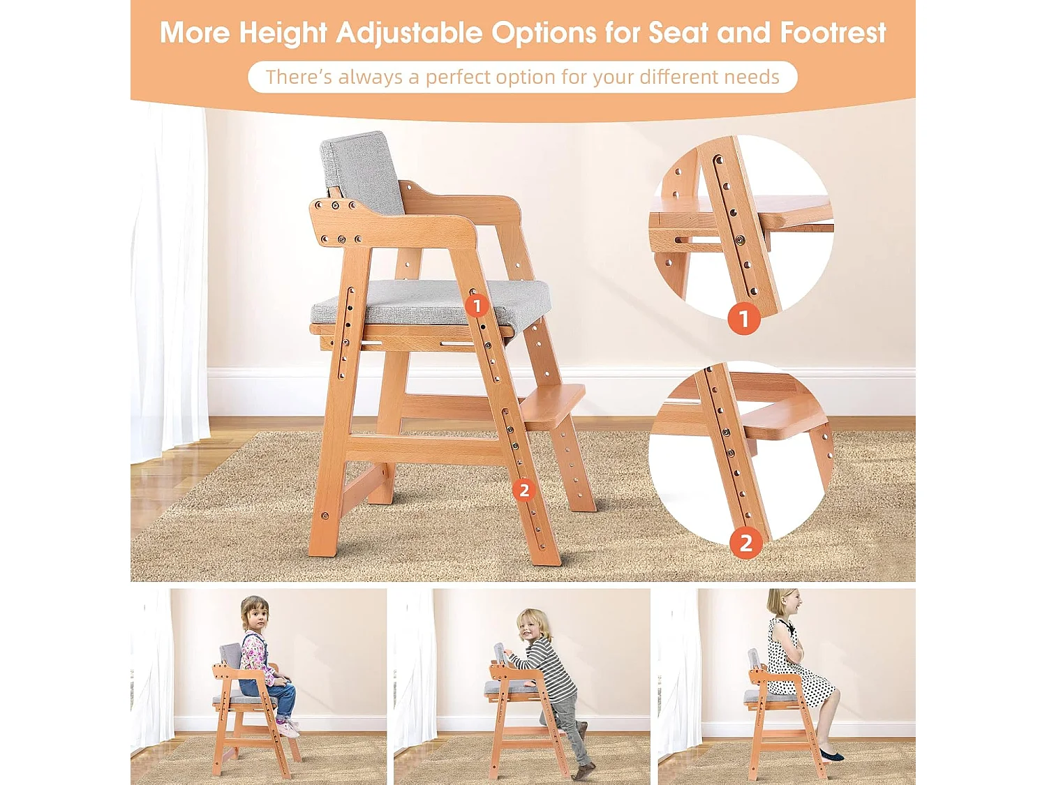 Chaise Haute en Bois, 6 Hauteurs Réglables Stable Chaise Supporte 90KG pour Bébés, Enfants et Adultes bois de hêtre (Couleur du Bois)