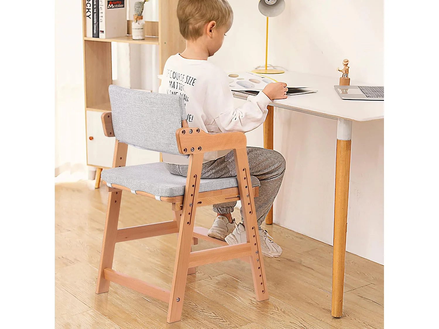 Chaise Haute en Bois, 6 Hauteurs Réglables Stable Chaise Supporte 90KG pour Bébés, Enfants et Adultes bois de hêtre (Couleur du Bois)