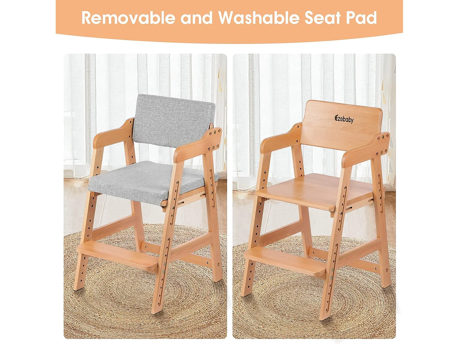 Chaise Haute en Bois, 6 Hauteurs Réglables Stable Chaise Supporte 90KG pour Bébés, Enfants et Adultes bois de hêtre (Couleur du Bois)