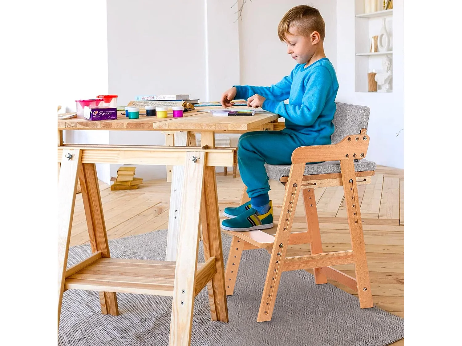 Chaise Haute en Bois, 6 Hauteurs Réglables Stable Chaise Supporte 90KG pour Bébés, Enfants et Adultes bois de hêtre (Couleur du Bois)