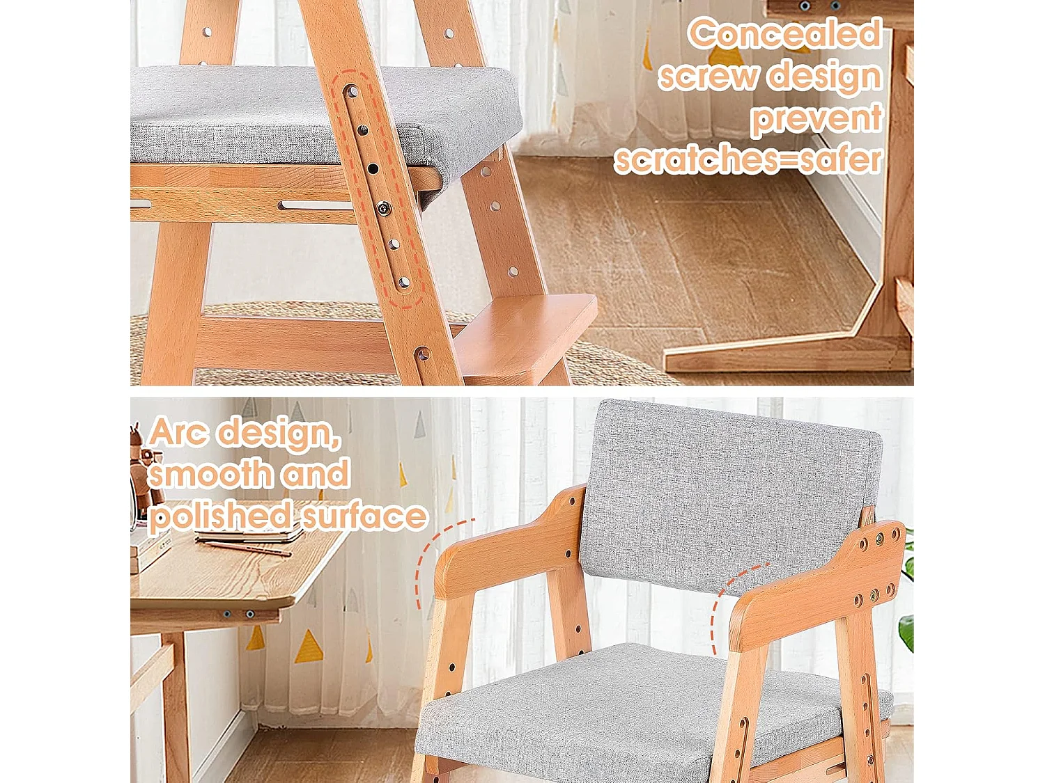Chaise Haute en Bois, 6 Hauteurs Réglables Stable Chaise Supporte 90KG pour Bébés, Enfants et Adultes bois de hêtre (Couleur du Bois)