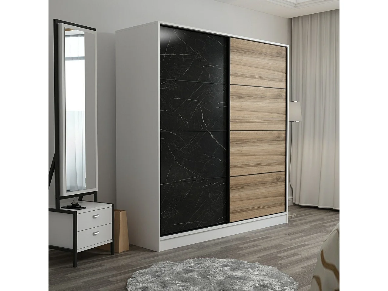 Dressing Carina Blanc L180xH190cm avec 2 portes coulissantes Effet marbre noir et Bois clair