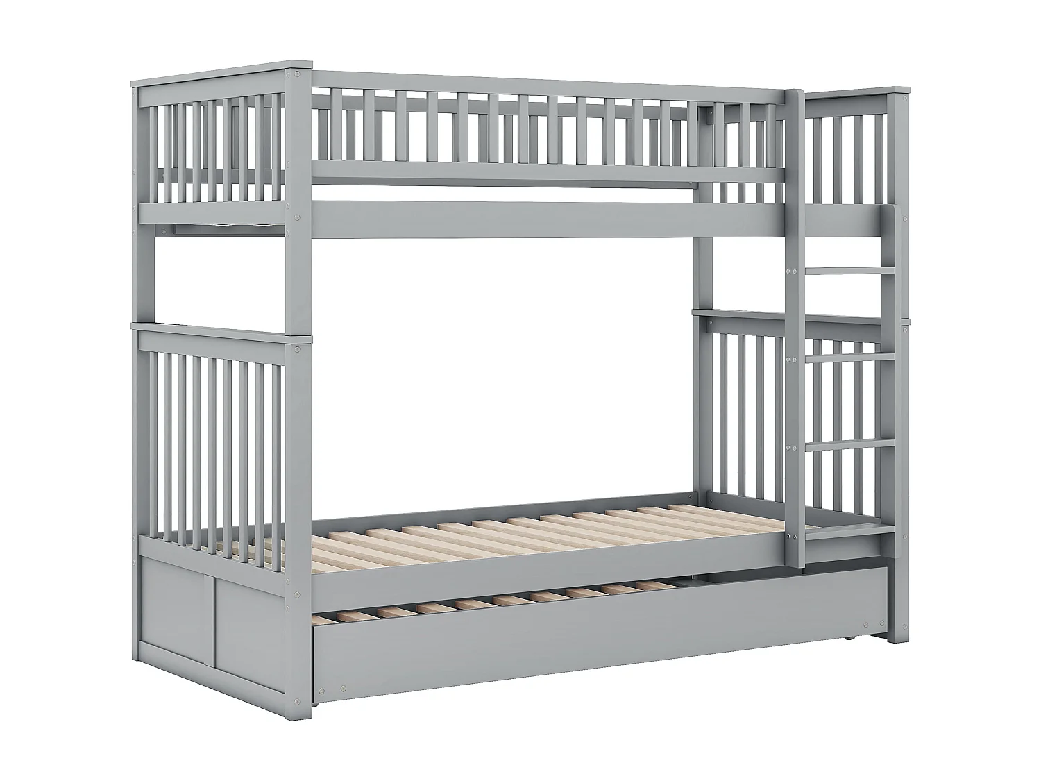 Lit superposé enfant 90x200 cm avec lit gigogne - protection anti-chute et éhelle - bois - gris (sans matelas)