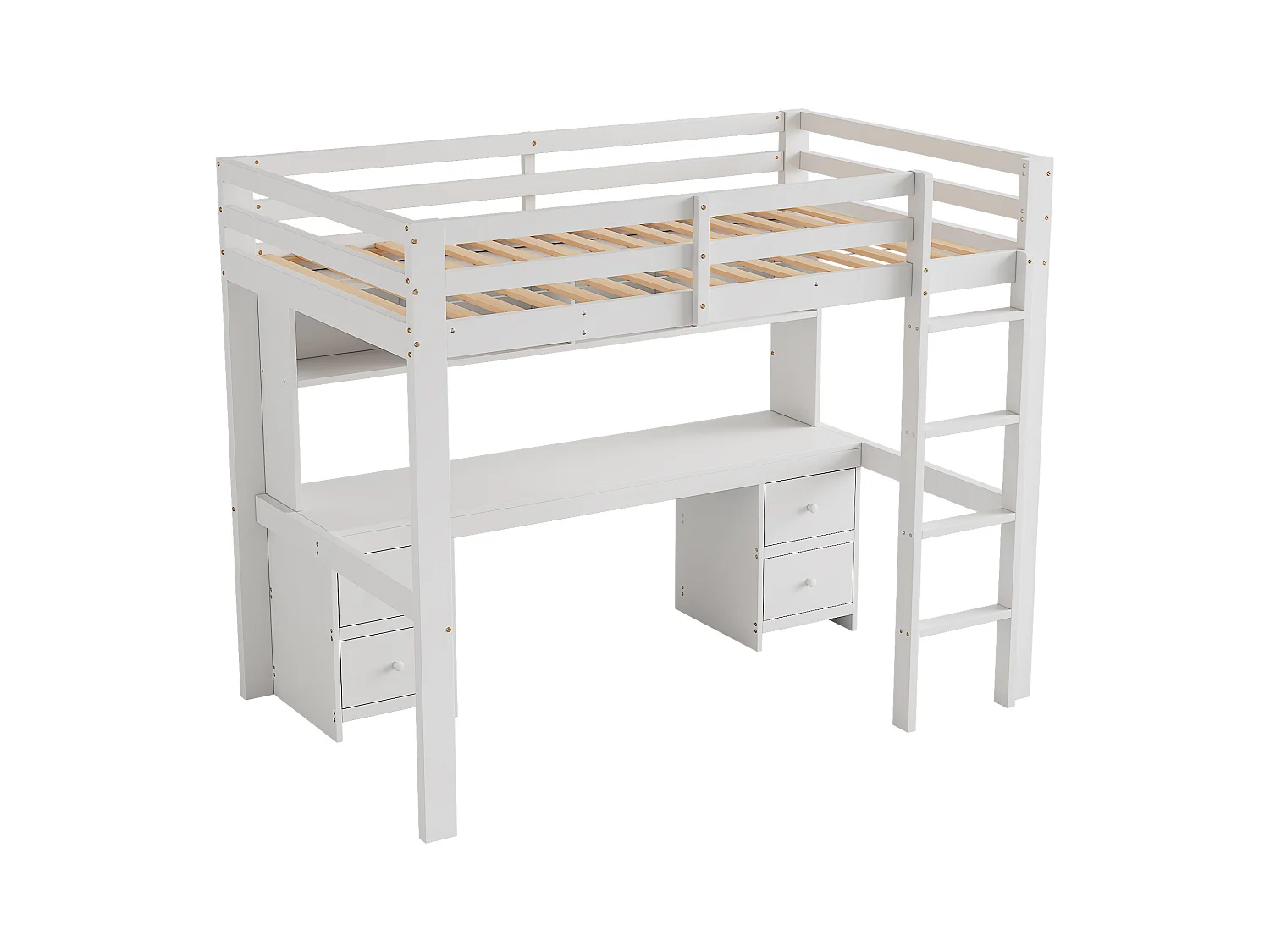 Lit mezzanine 90x200 cm avec 4 tiroirs - protection anti-chute et éhelle - bois - blanc (sans matelas)