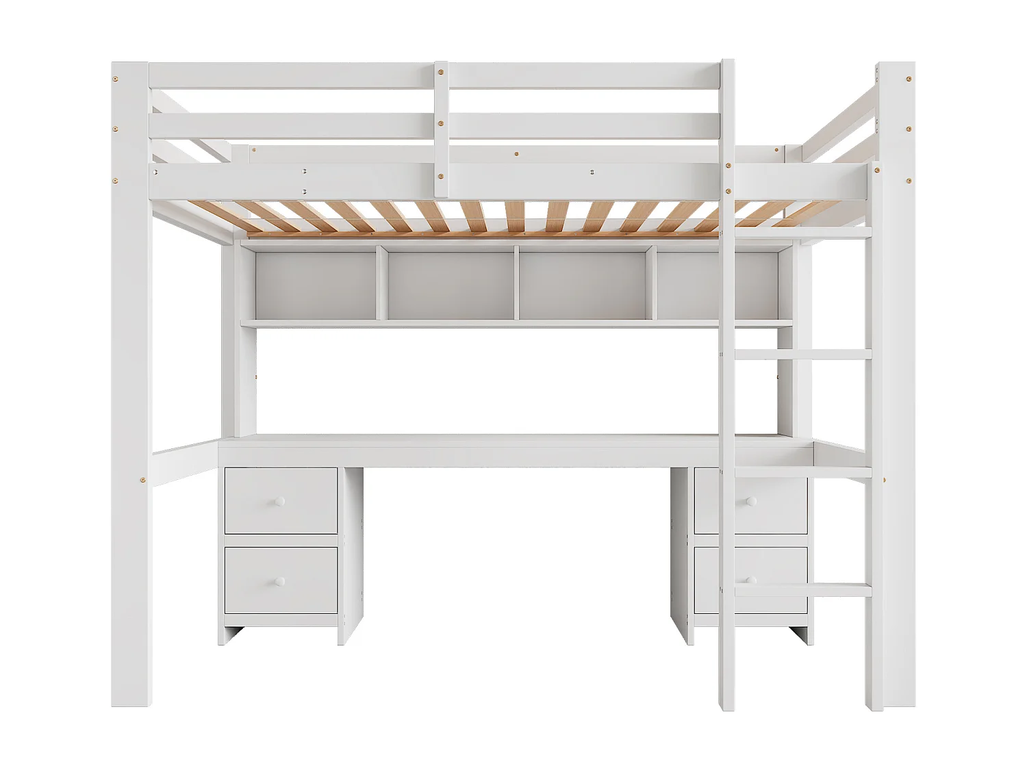Lit mezzanine 90x200 cm avec 4 tiroirs - protection anti-chute et éhelle - bois - blanc (sans matelas)
