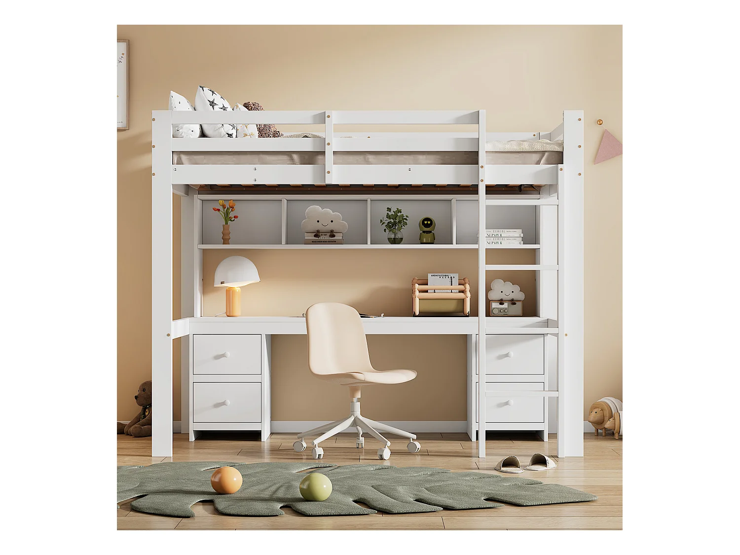 Lit mezzanine enfant 90x200 cm avec 4 tiroirs - protection anti-chute et éhelle - bois - blanc (sans matelas)