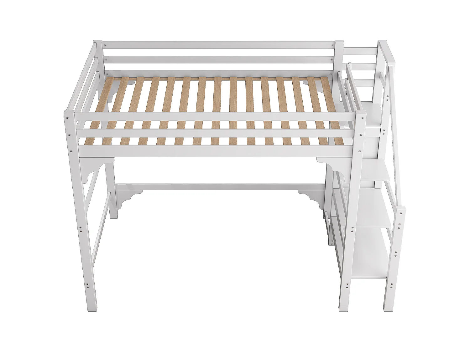 Lit mezzanine adulte 140x200 cm avec sommier - échelle et armoire - bois - blanc (sans matelas)