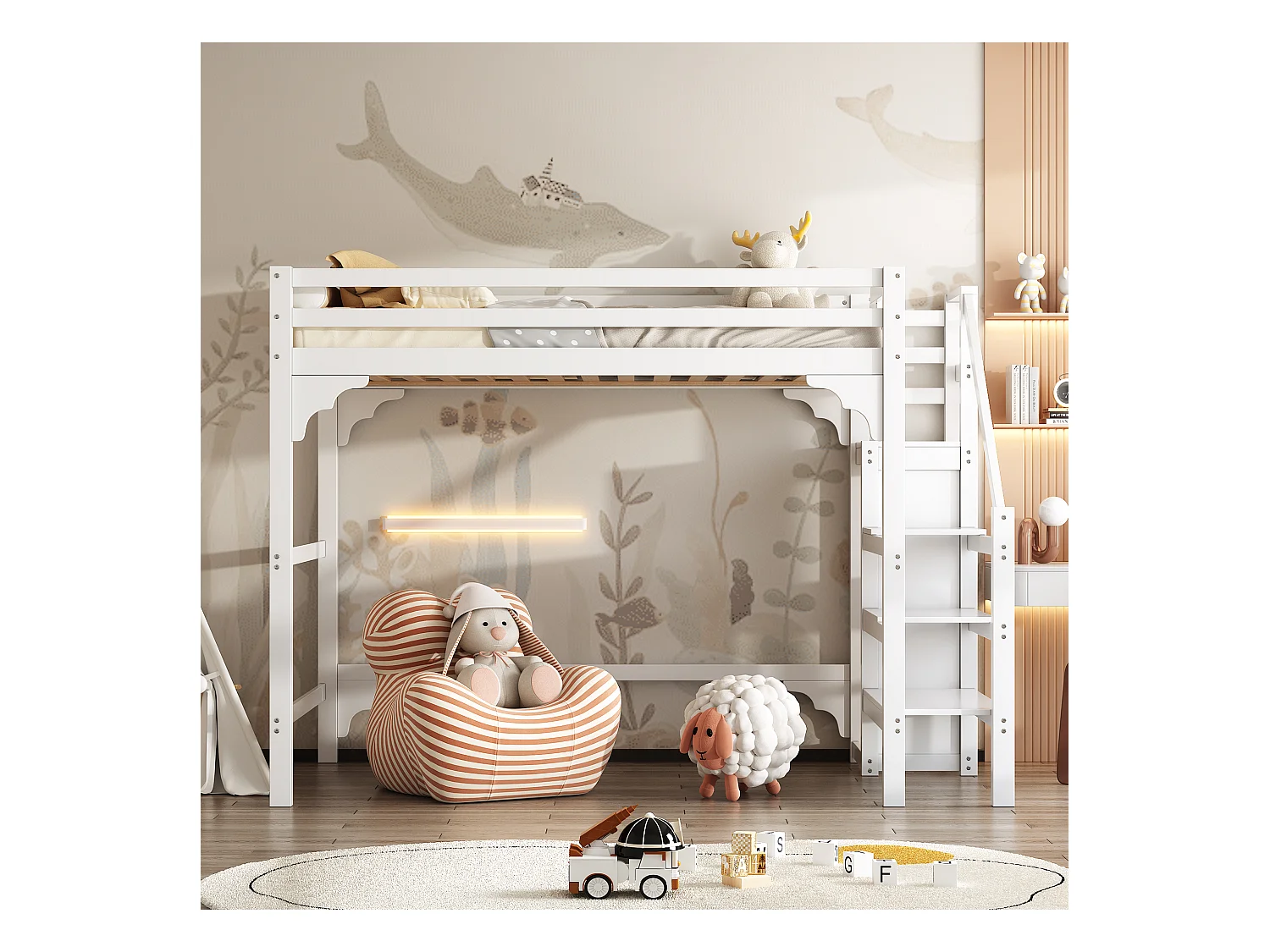 Lit mezzanine adulte 140x200 cm avec sommier - échelle et armoire - bois - blanc (sans matelas)