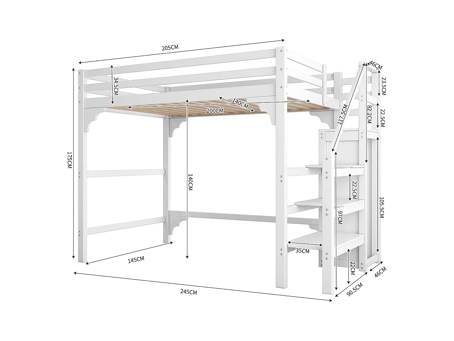 Lit mezzanine adulte 140x200 cm avec sommier - échelle et armoire - bois - blanc (sans matelas)