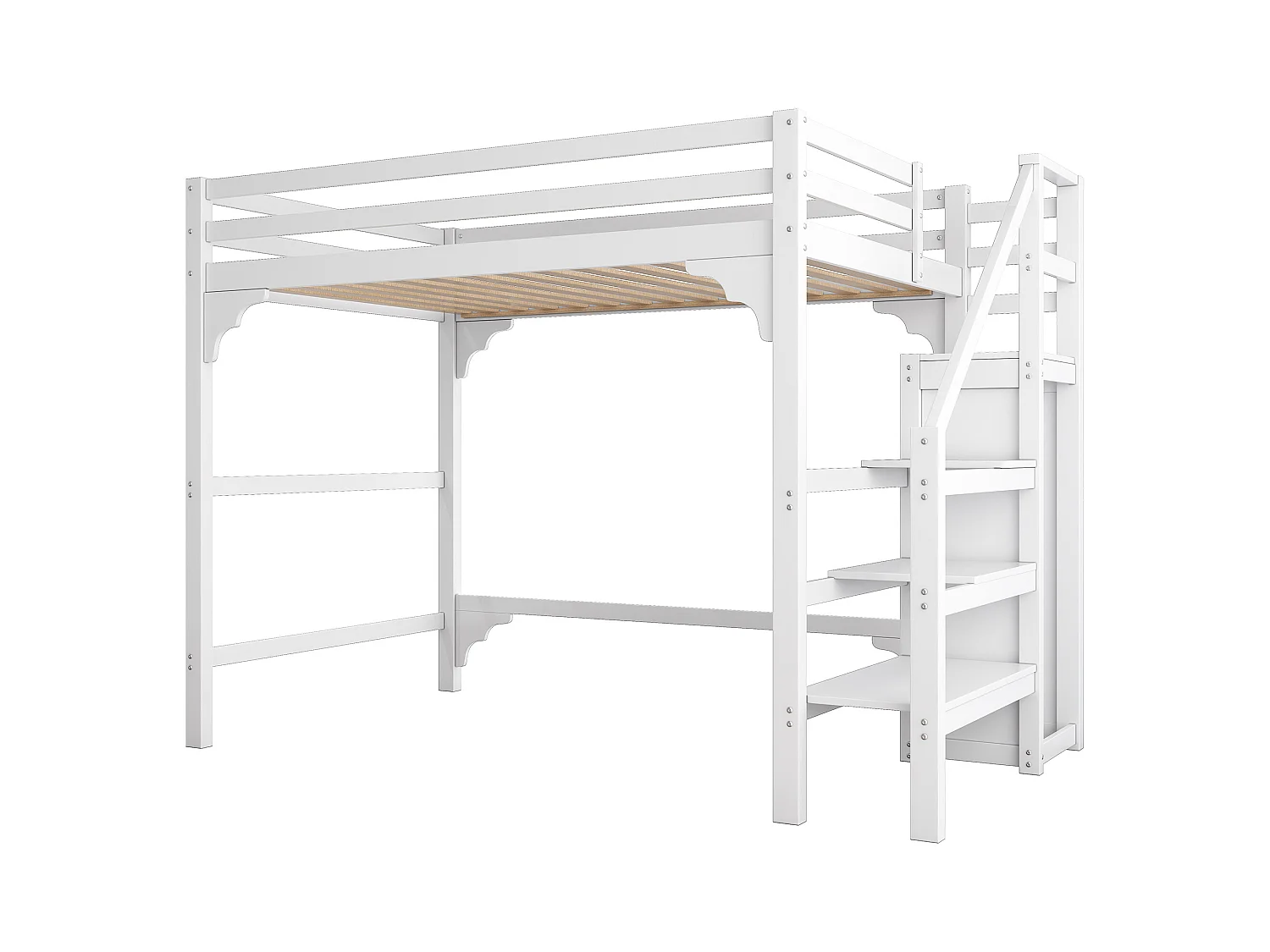 Lit mezzanine adulte 140x200 cm avec sommier - échelle et armoire - bois - blanc (sans matelas)