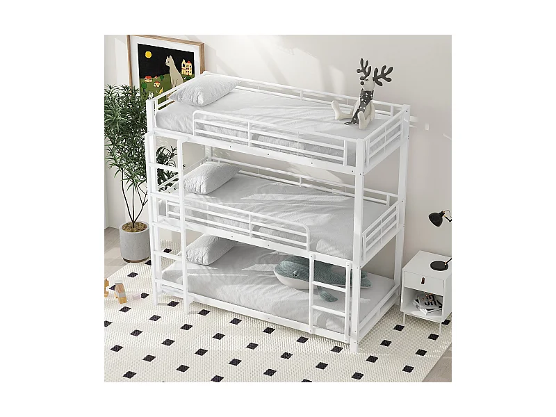 Lit superposé triple enfant 90x200 cm avec sommier - protection anti-chute et éhelle - métal - blanc (sans matelas)