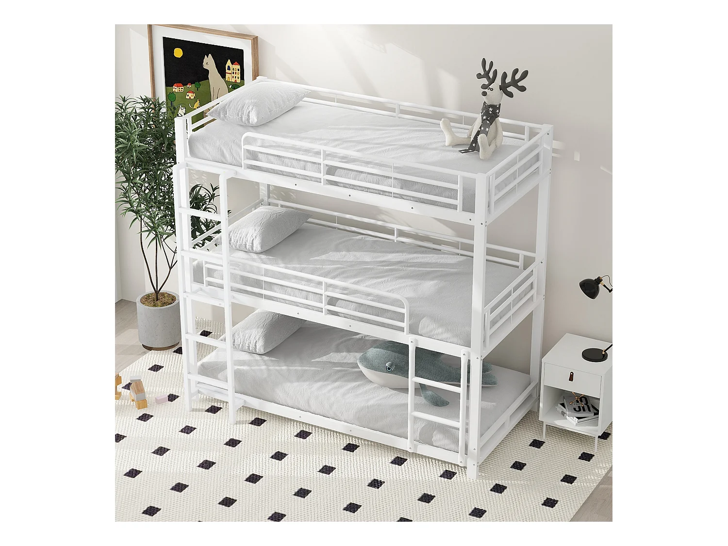 Lit superposé triple enfant 90x200 cm avec sommier - protection anti-chute et éhelle - métal - blanc (sans matelas)