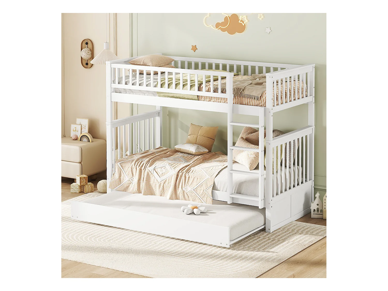 Lit superposé 90x200 cm avec lit gigogne - protection anti-chute et éhelle - bois - blanc (sans matelas)