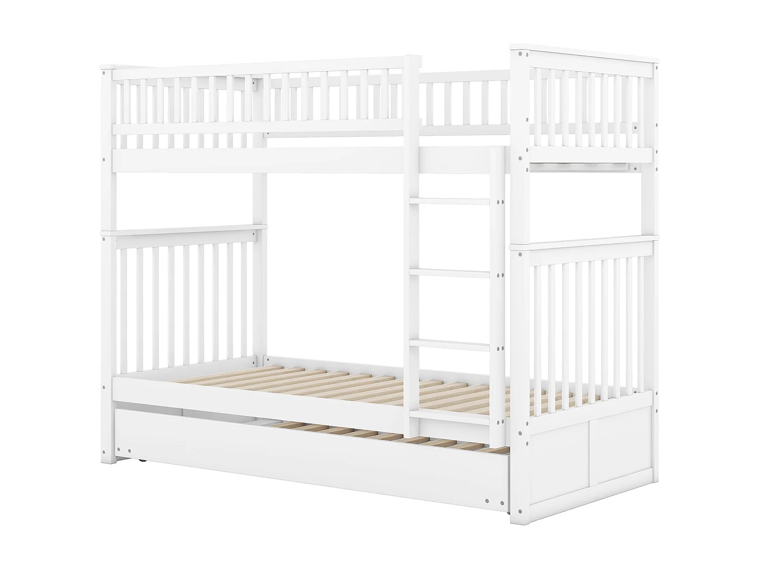 Lit superposé 90x200 cm avec lit gigogne - protection anti-chute et éhelle - bois - blanc (sans matelas)