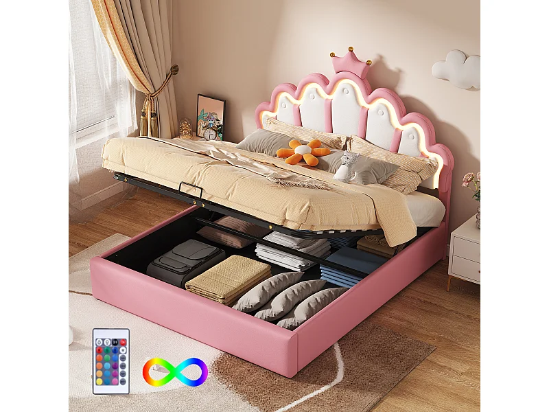 Lit coffre adulte 140x200 cm avec sommier - tête de lit réglable en hauteur et LED - similicuir - rose (sans matelas)