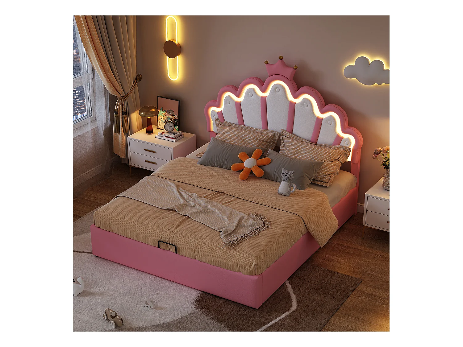 Lit coffre adulte 140x200 cm avec sommier - tête de lit réglable en hauteur et LED - similicuir - rose (sans matelas)