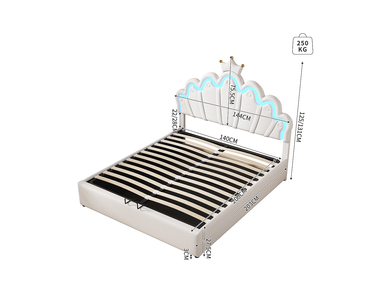 Lit coffre adulte 140x200 cm avec sommier - tête de lit réglable en hauteur et LED - similicuir - blanc (sans matelas)