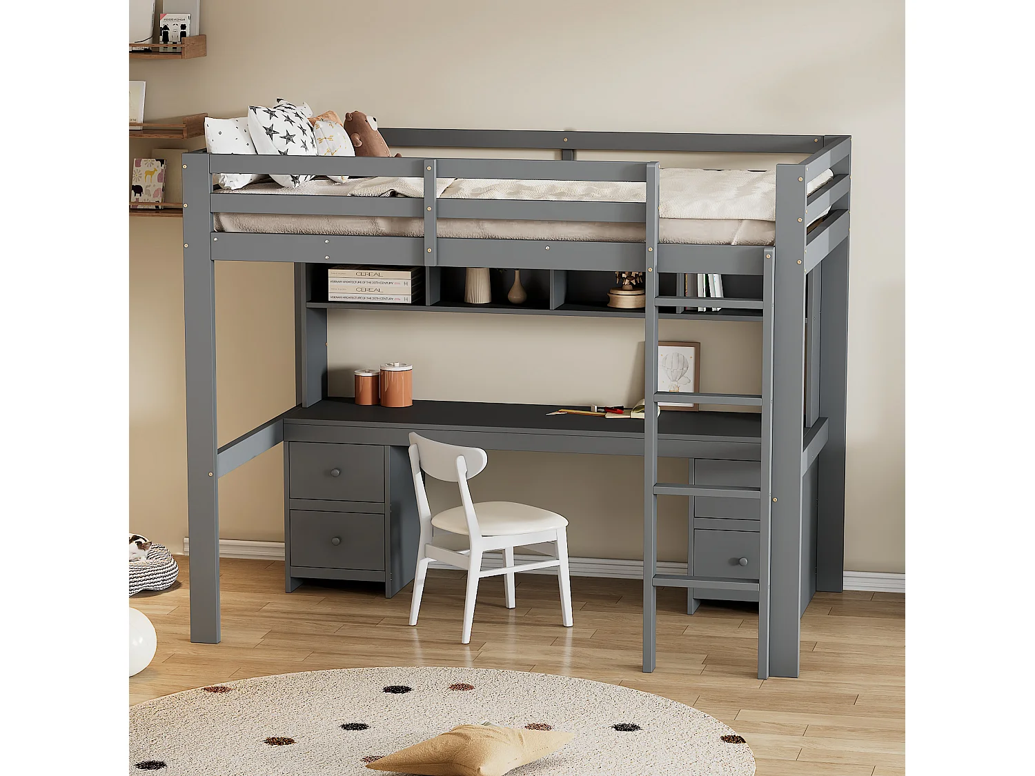 Lit mezzanine enfant 90x200 cm avec 4 tiroirs - protection anti-chute et éhelle - bois - gris (sans matelas)