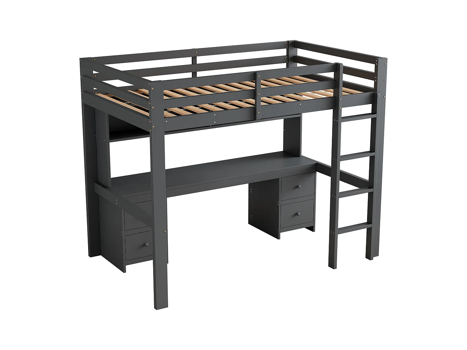 Lit mezzanine enfant 90x200 cm avec 4 tiroirs - protection anti-chute et éhelle - bois - gris (sans matelas)