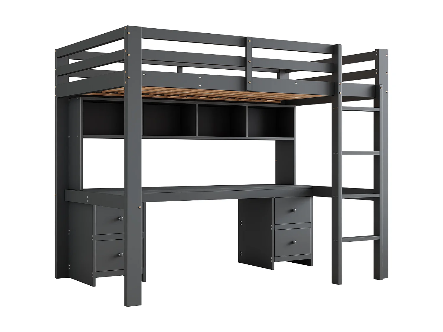 Lit mezzanine enfant 90x200 cm avec 4 tiroirs - protection anti-chute et éhelle - bois - gris (sans matelas)