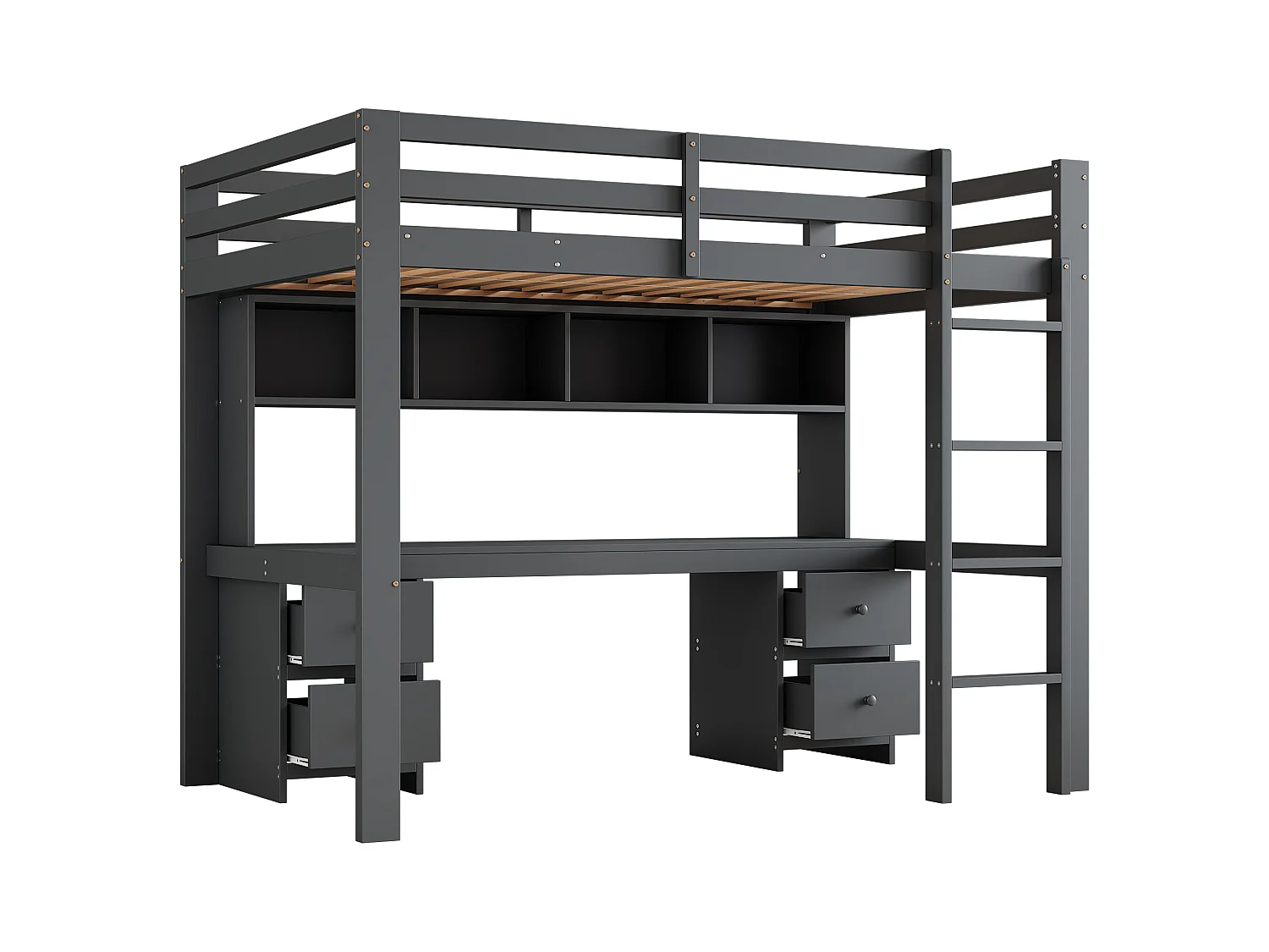 Lit mezzanine enfant 90x200 cm avec 4 tiroirs - protection anti-chute et éhelle - bois - gris (sans matelas)